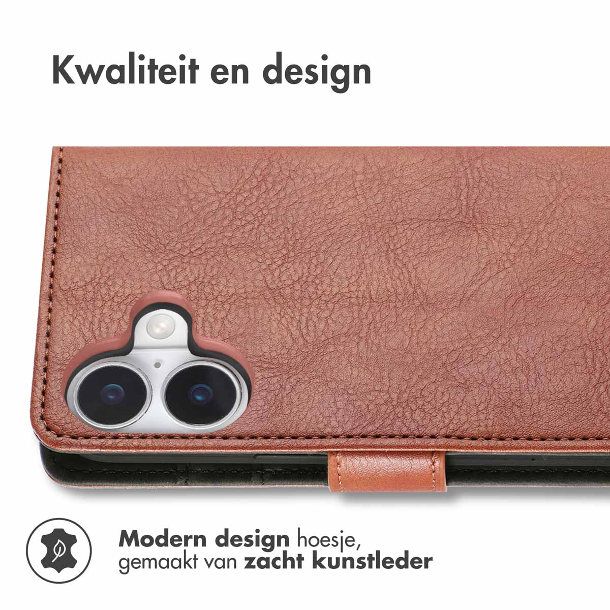 Étui de téléphone en cuir marron, fermé. Le texte dit « Qualité et design » et « Étui au design moderne, en cuir artificiel souple ».