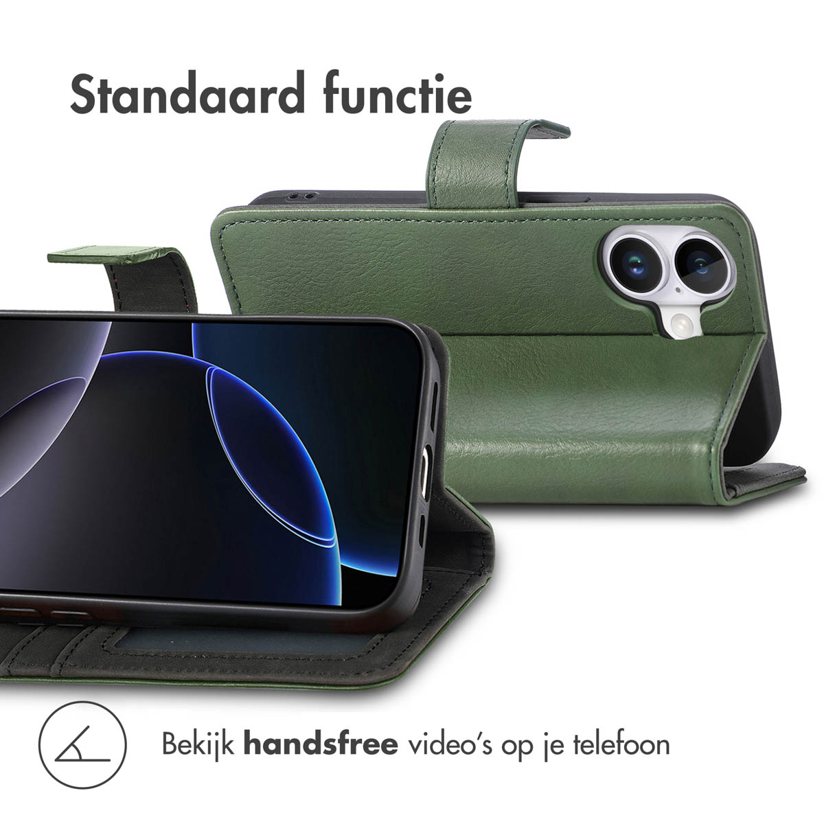 Telefoon in een groene leren hoes, open. Tekst: 'Standaardfunctie' en 'Bekijk handsfree video's op je telefoon'.