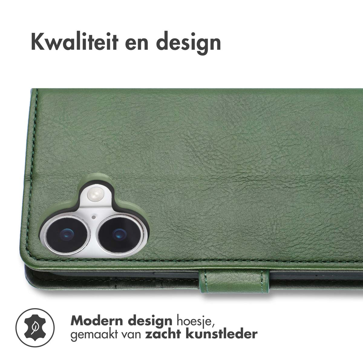 Groene telefoonhoes. Tekst: 'Kwaliteit en design'. Telefoonhoes heeft een camera-uitsparing. Gemaakt van zacht kunstleer.