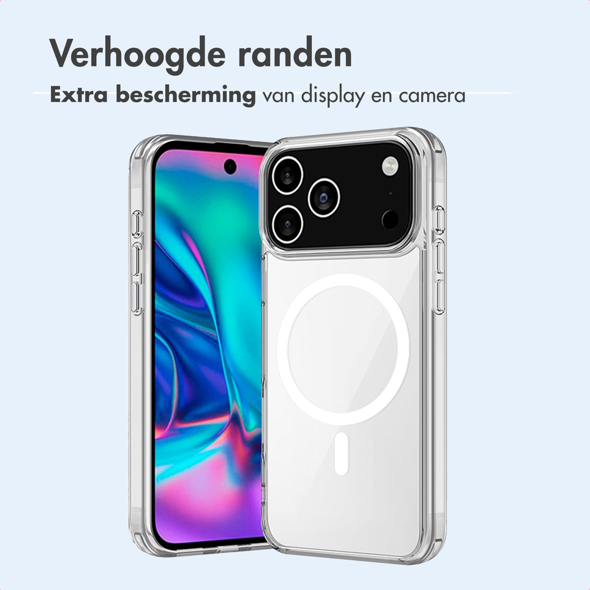 Twee telefoons in doorzichtige hoesjes. De telefoon links staat voor de andere. Tekst: 'Verhoogde randen. Extra camerabescherming'.