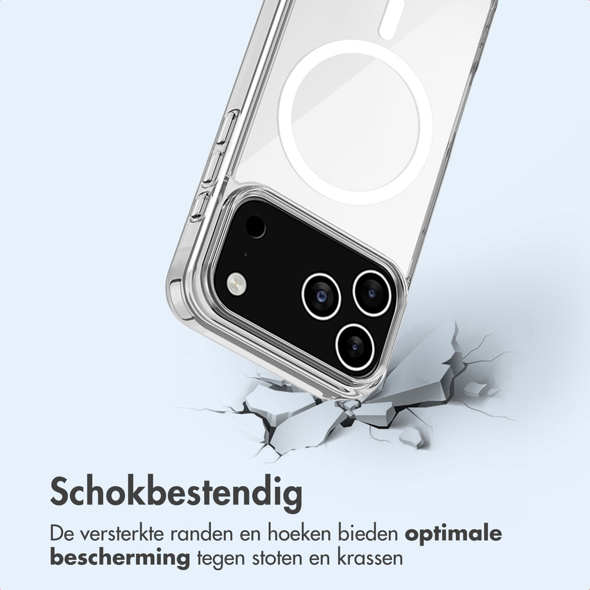 Telefoonhoes op gebarsten oppervlak. Hoes heeft camera-uitsparingen. Tekst: 'Schokbestendig'.