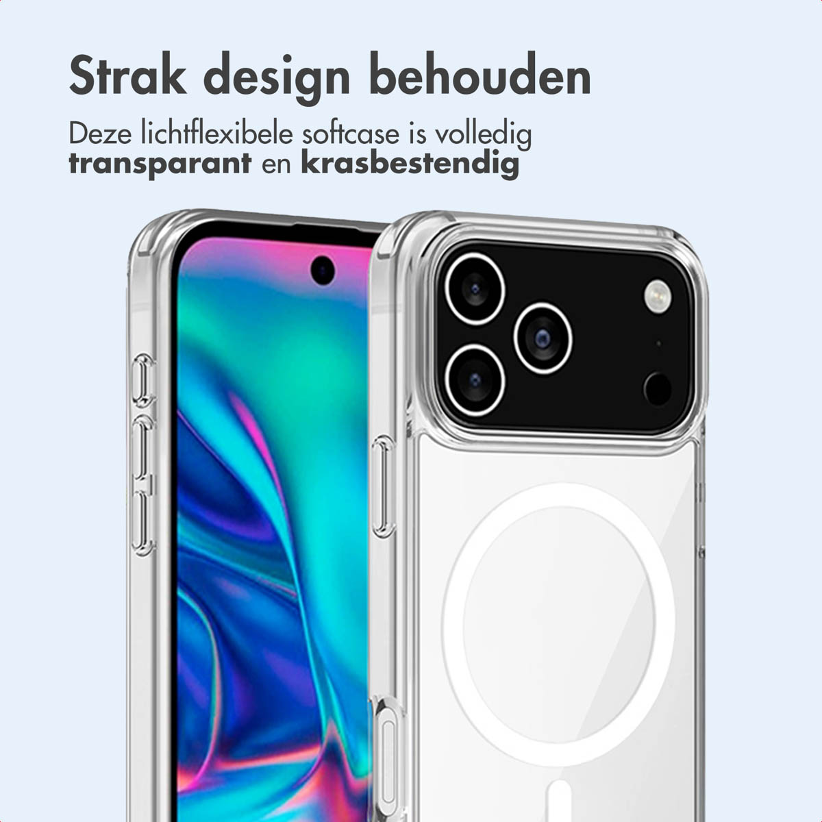 Transparante telefoonhoes op een telefoon. De hoes is transparant en toont de camera van de telefoon.