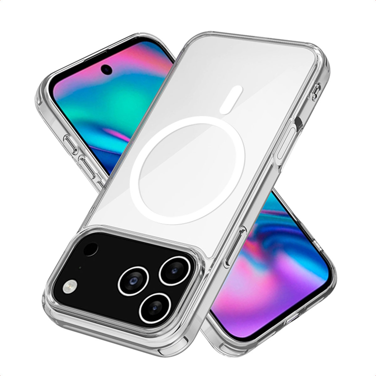 Transparante telefoonhoes met een telefoon erin. Telefoon heeft meerdere camera's. Hoes heeft een cirkelvormig magnetisch gebied.