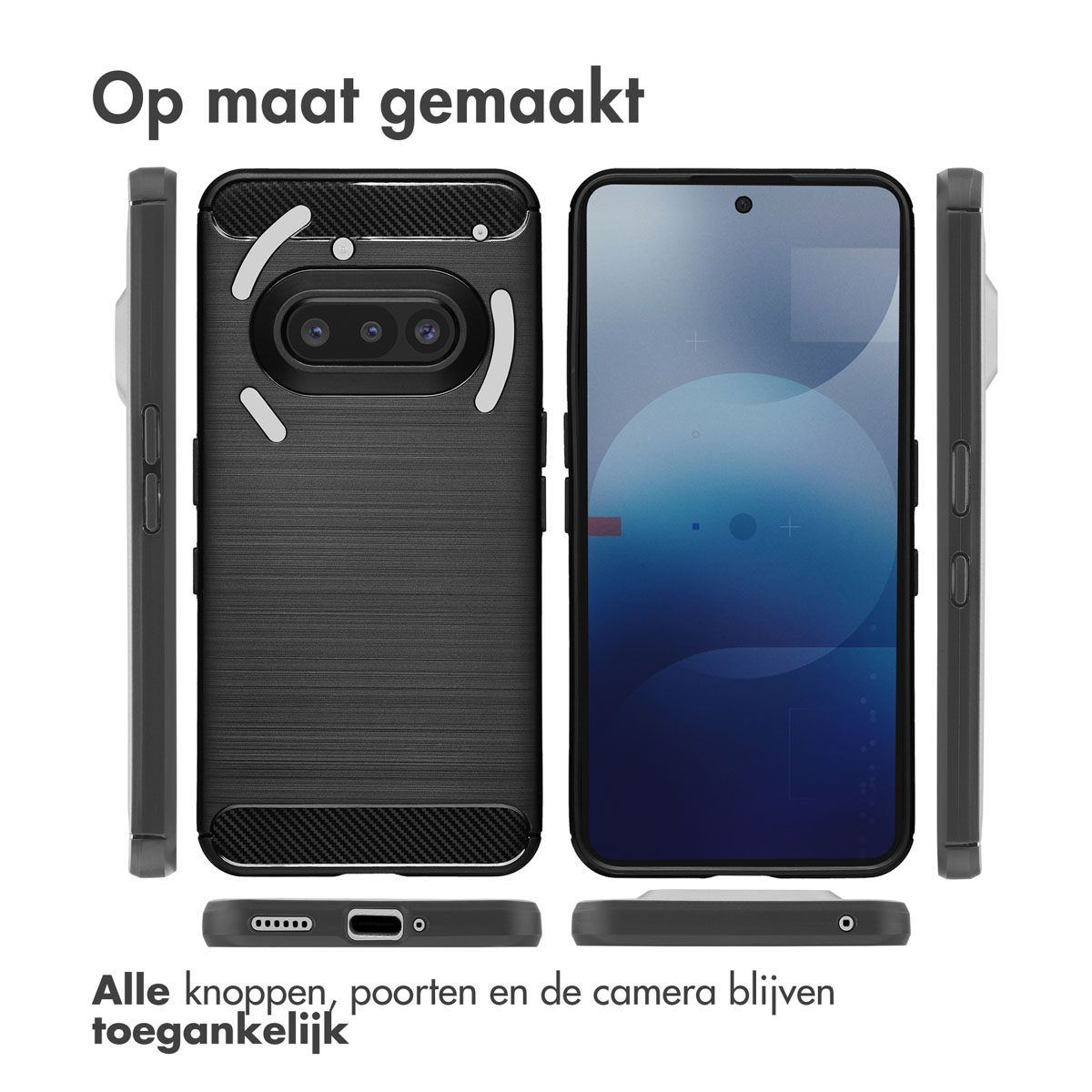 Onderdelen van een telefoonhoesje. Tekst: 'Op maat gemaakt' en 'Alle knoppen, poorten en de camera blijven toegankelijk'.