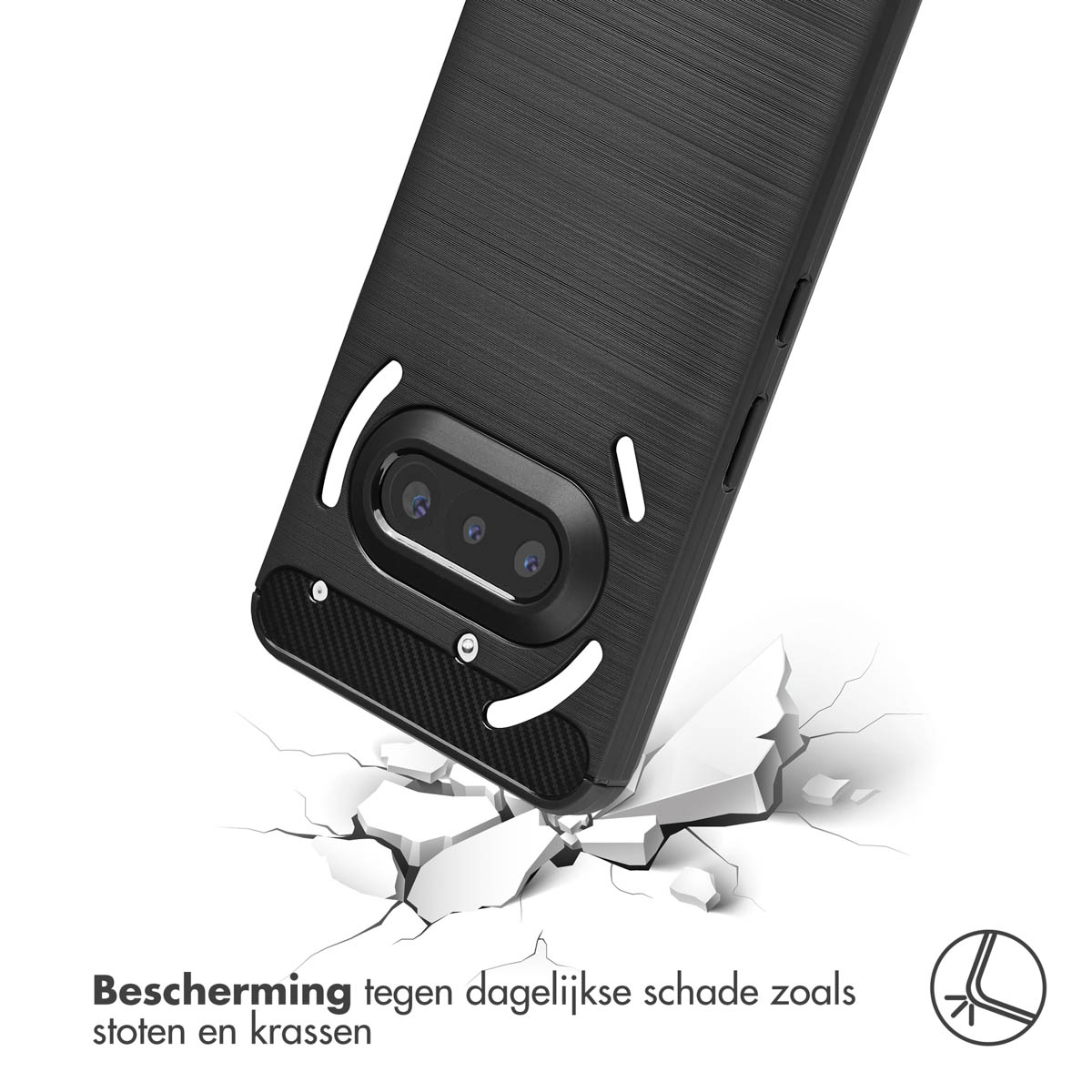 Telefoonhoesje met drie camera's. Tekst: Bescherming tegen dagelijkse schade zoals stoten en krassen.