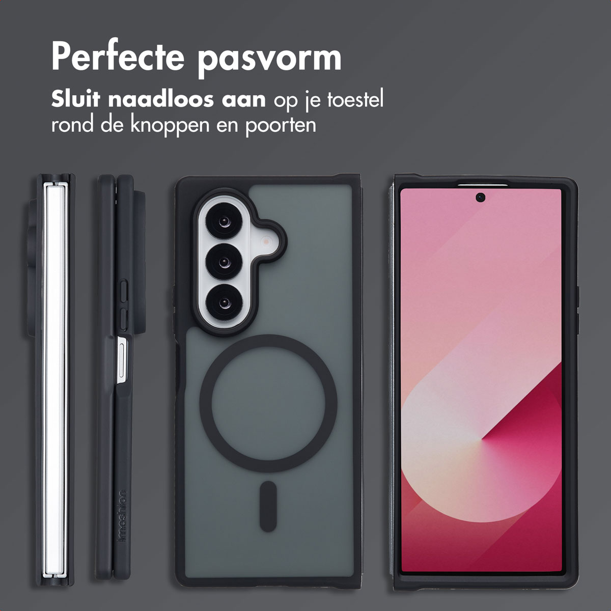 Telefoonhoesje met drie camera's. Tekst: Perfecte pasvorm. Sluit naadloos aan op je apparaat rondom knoppen en poorten.