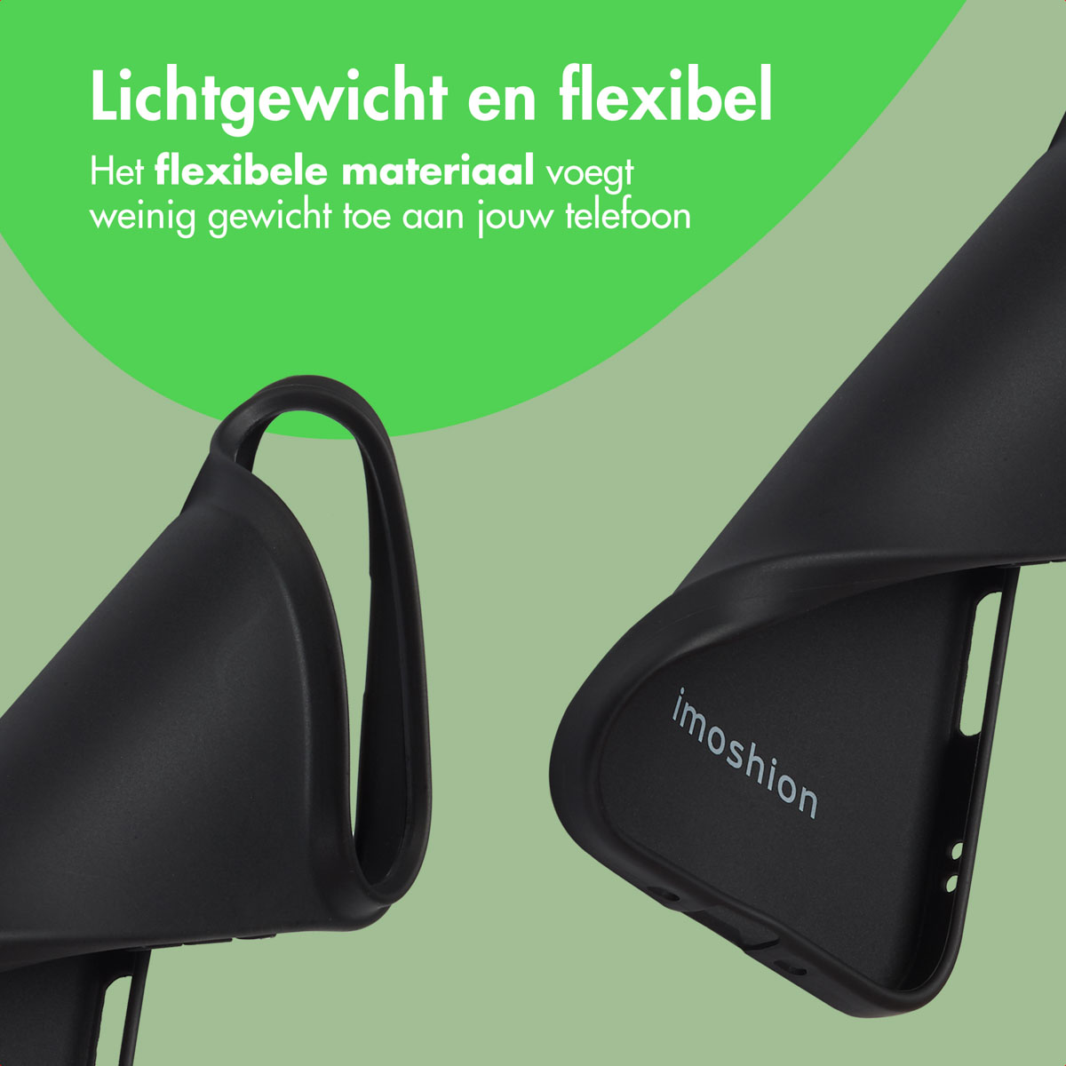 Coque de téléphone noire. La coque est flexible, montrant un téléphone partiellement inséré et la marque 'imoshion'.