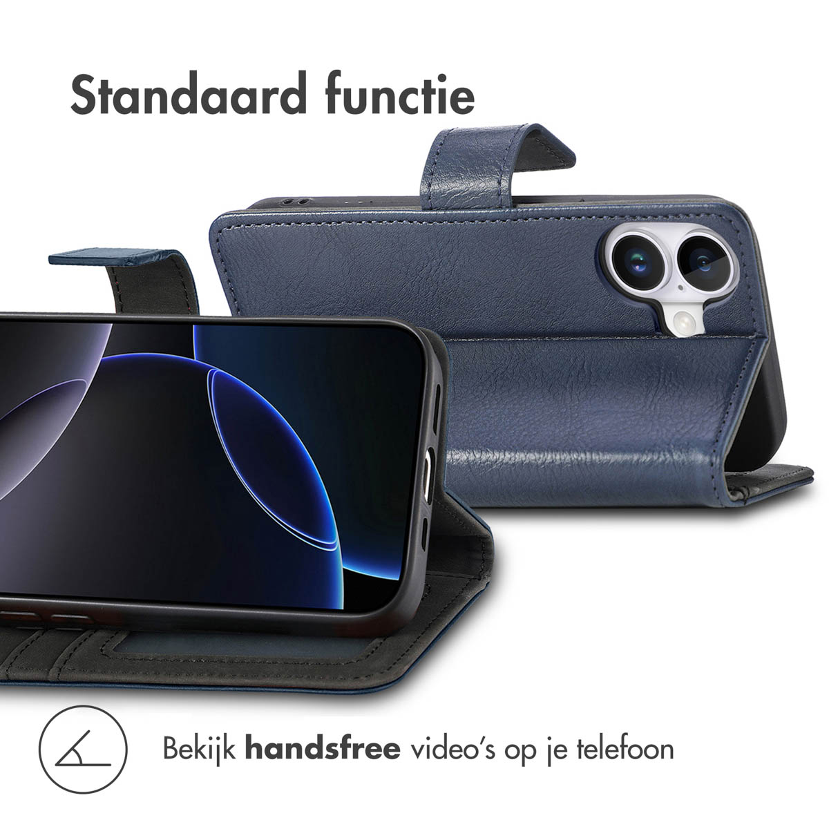 Un étui bleu avec un téléphone à l'intérieur. L'étui est ouvert et montre l'écran du téléphone. Peut être utilisé en mains libres.