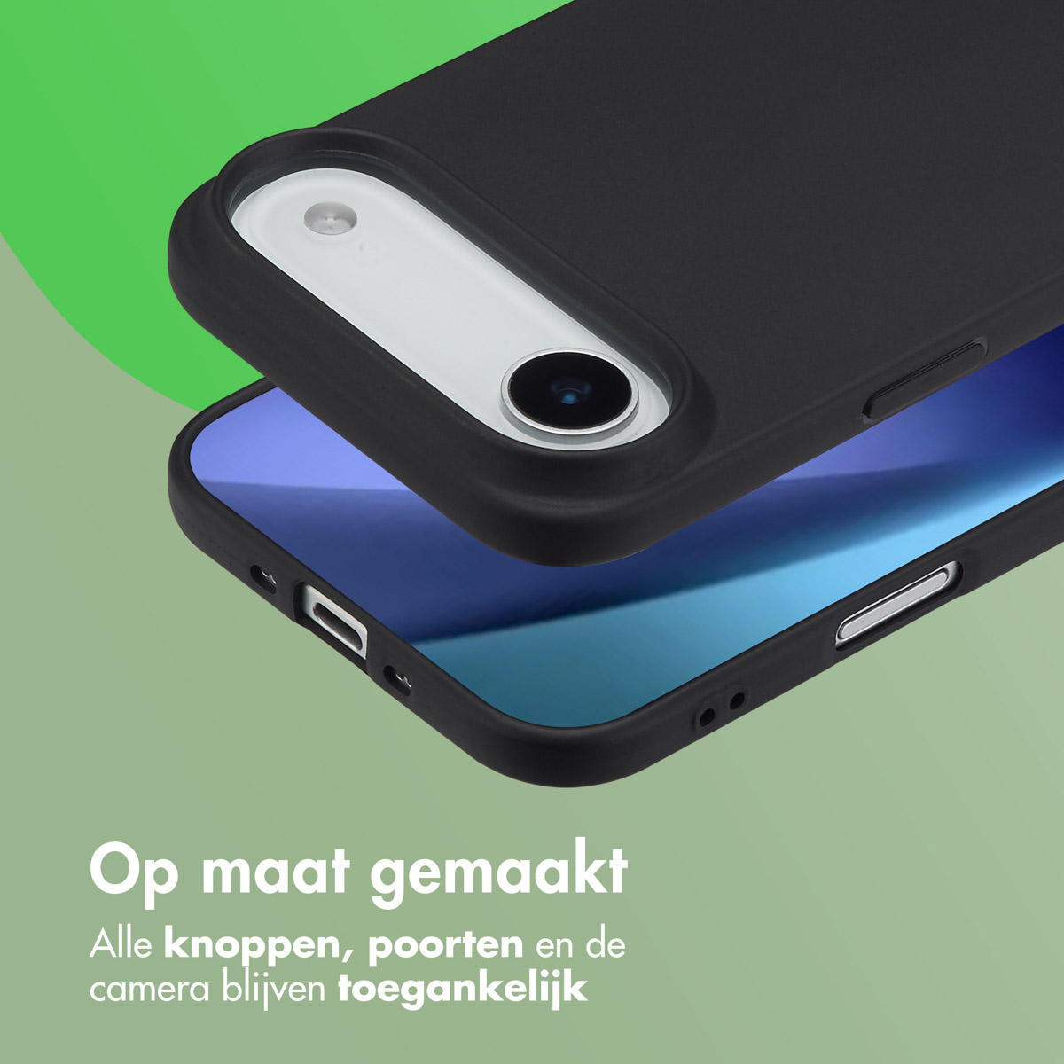 Téléphone dans un étui noir. Le texte dit « Fabriqué sur mesure » et « Tous les boutons, ports et l’appareil photo restent accessibles ».