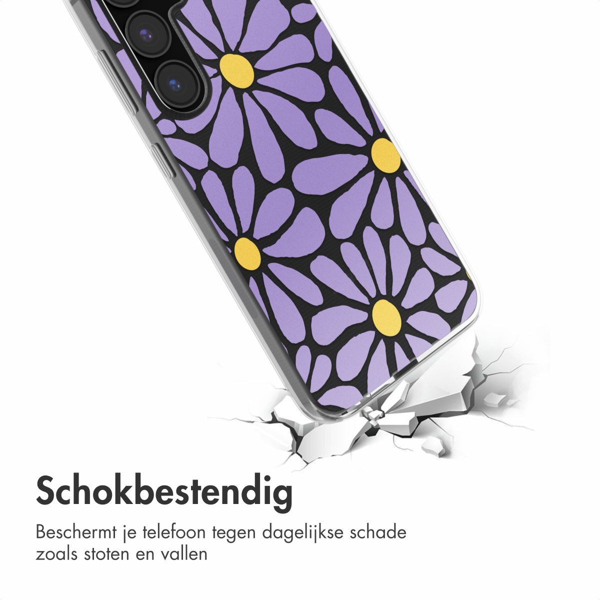 Een telefoonhoesje met een paars bloemenpatroon breekt een wit oppervlak. Tekst: Schokbestendig.