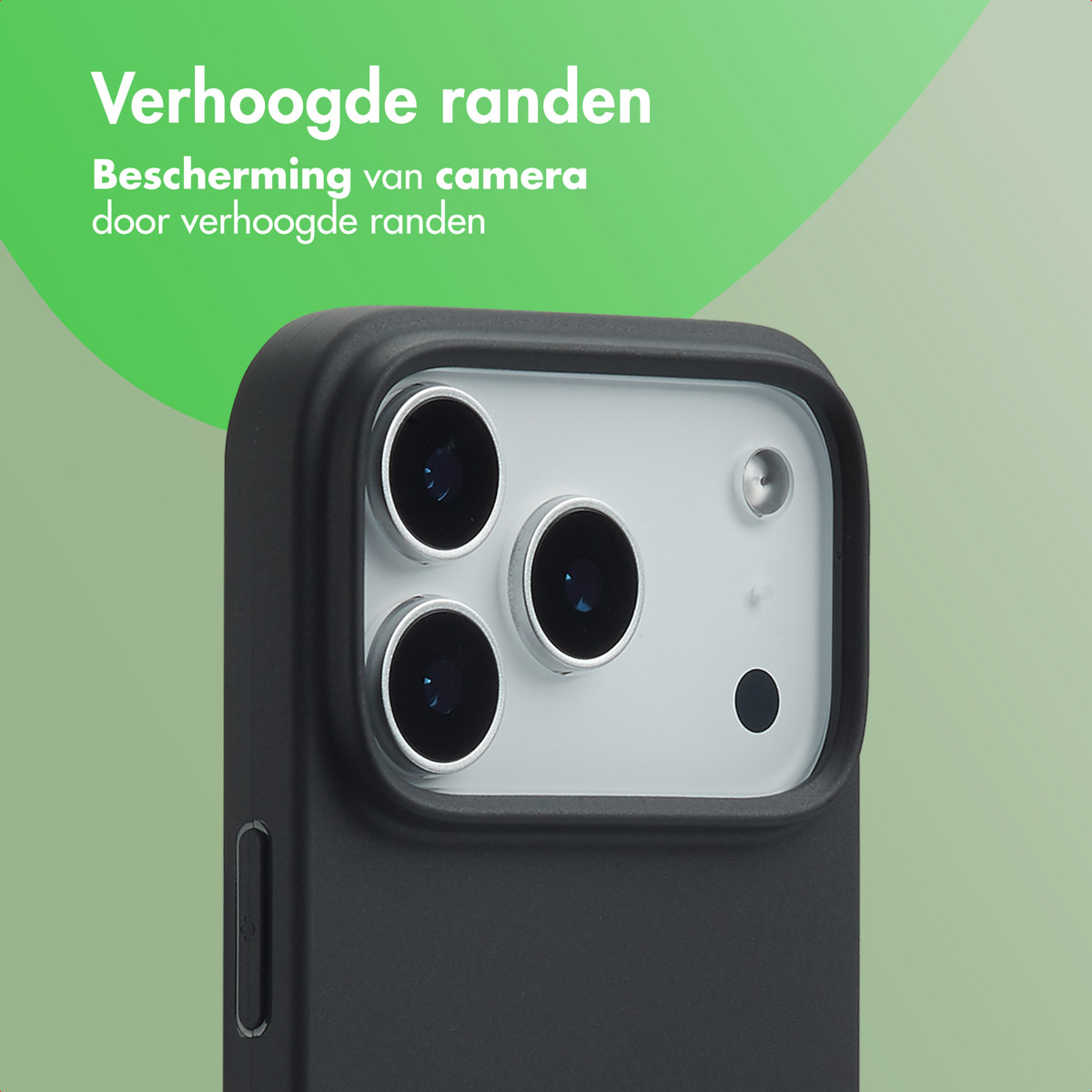 Close-up van een zwarte telefoonhoes met een zwarte telefoon. De cameralenzen zijn zichtbaar.