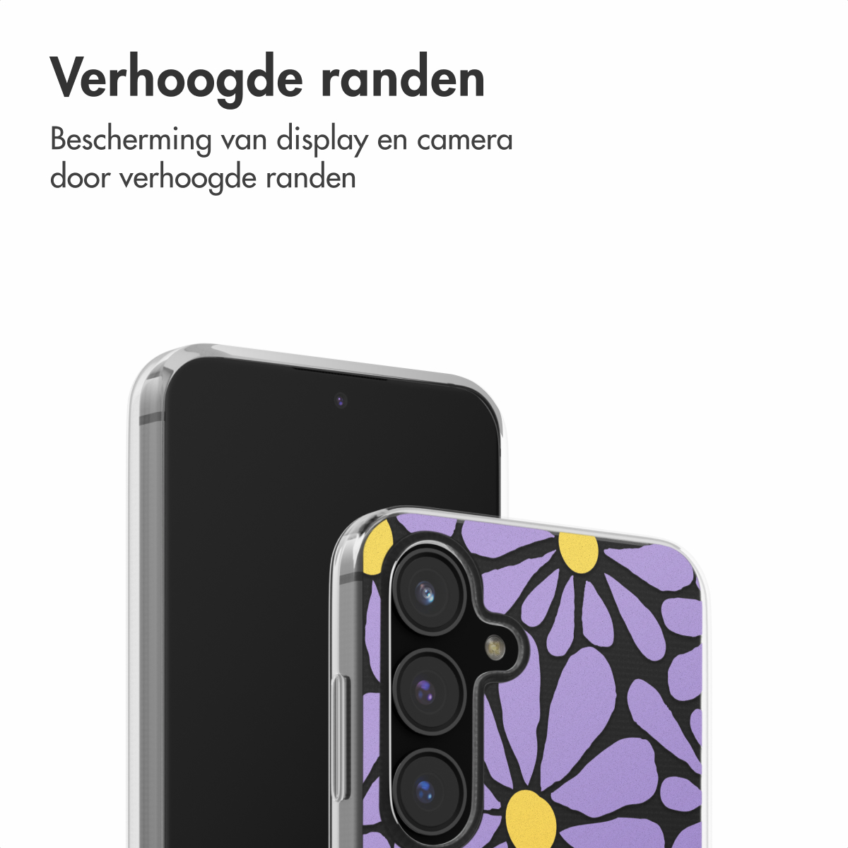 Een telefoon met een hoesje met madeliefpatroon, die de verhoogde randen voor bescherming benadrukt.