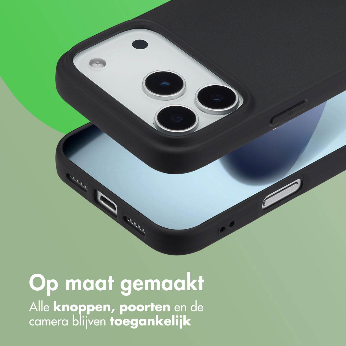 Een zwarte telefoonhoes, met een telefoon gedeeltelijk ingevoegd. De hoes is open, zodat de camera en knoppen toegankelijk zijn.