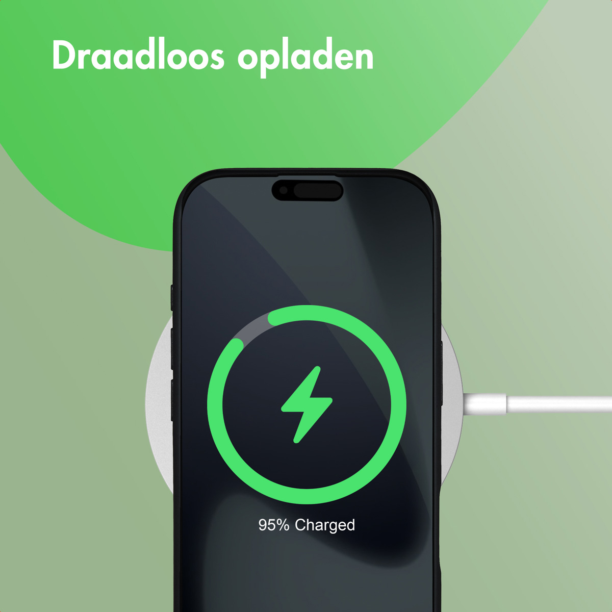 Een telefoon die oplaadt op een draadloze oplader. Het scherm toont een oplaadicoon bij 95%. Tekst: Draadloos opladen.