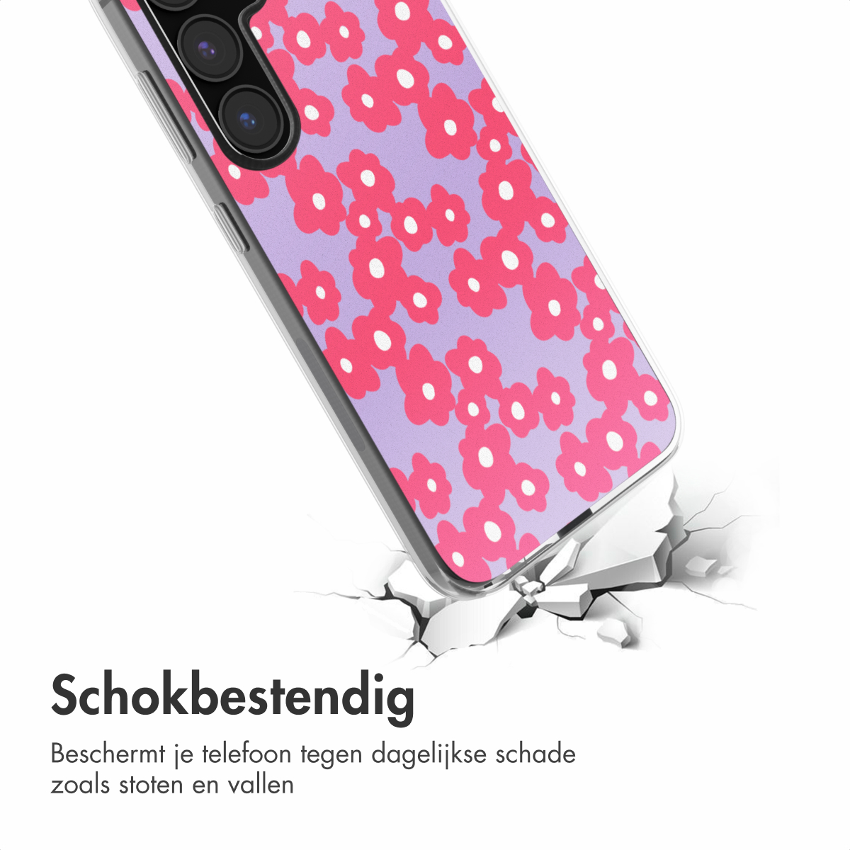 Een telefoonhoesje met een roze bloemenpatroon breekt een wit oppervlak. Tekst: Schokbestendig.