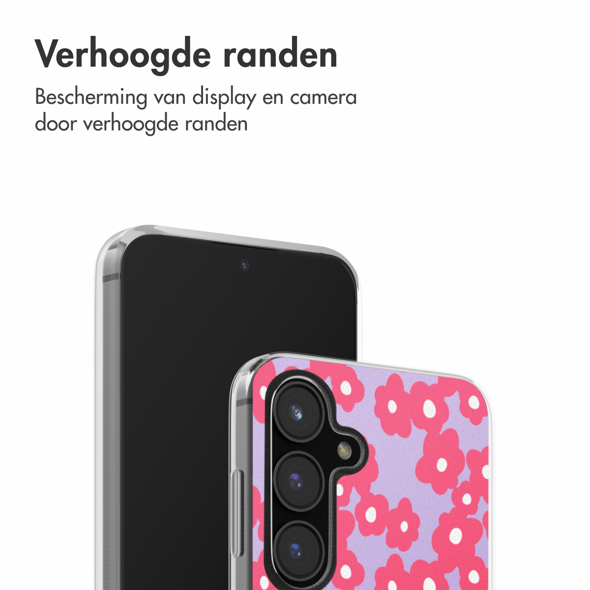 Twee telefoons met hoesjes. De tekst zegt: Verhoogde randen. Bescherming voor display en camera.
