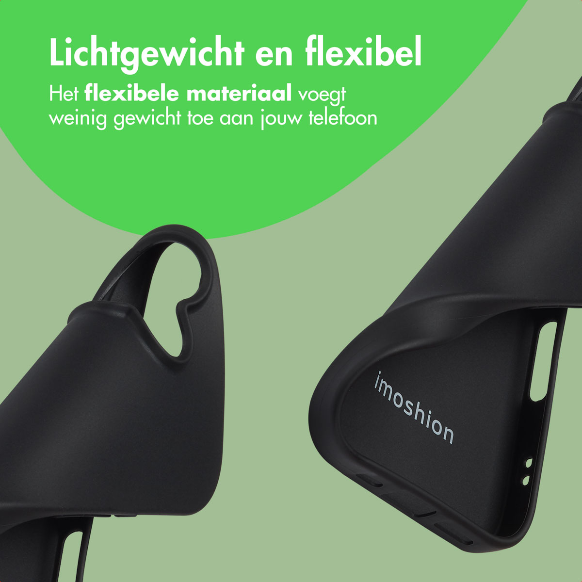 Deux parties d'une coque de téléphone noire. Le texte dit : Léger et flexible. Logo Imoshion.