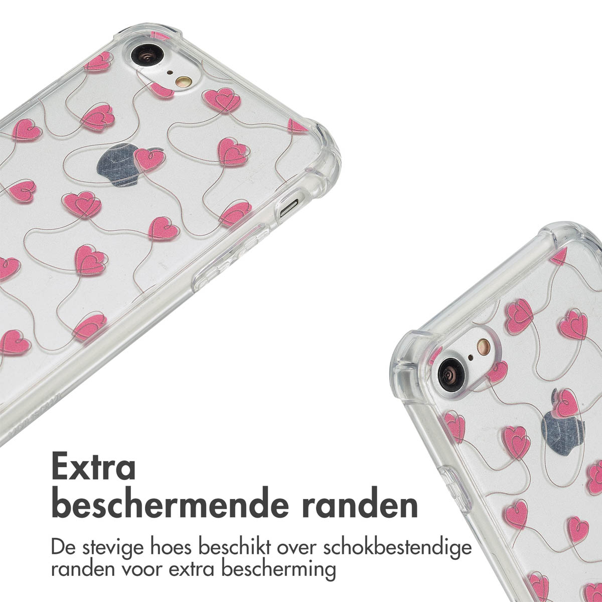 Twee telefoons in transparante hoesjes met roze hartpatronen. Tekst: Extra beschermende randen. Extra beschermende randen.