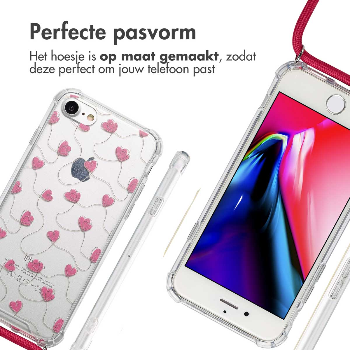 Twee transparante telefoonhoesjes. Eén met roze hartjes en een telefoon erin. De andere met een rode lanyard en telefoon.