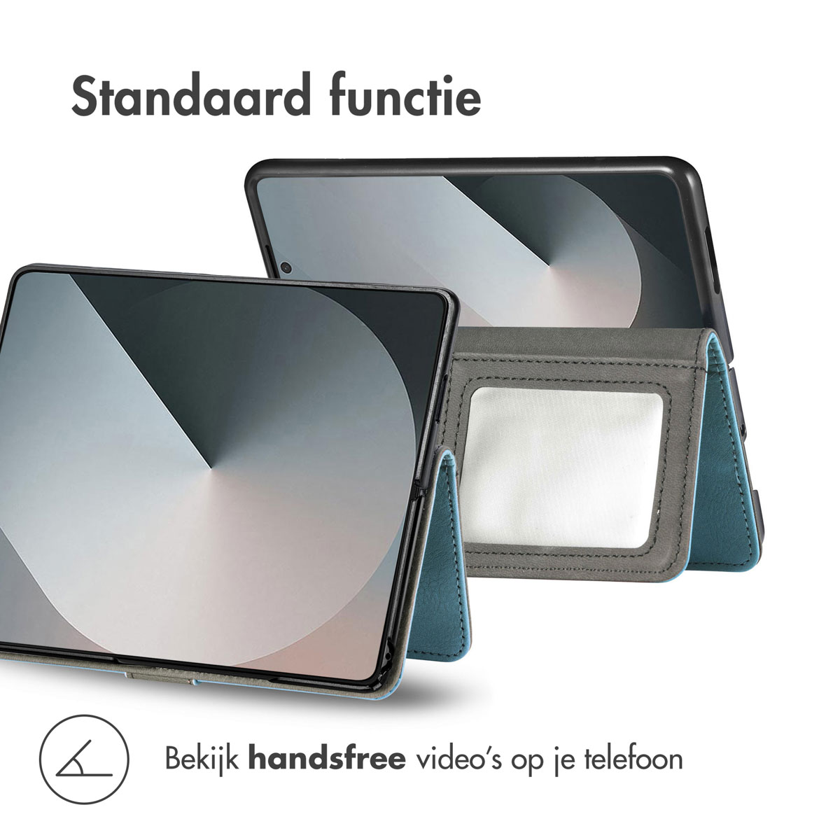 Een tablet met een hoes, opgevouwen om het apparaat te ondersteunen voor handsfree video.