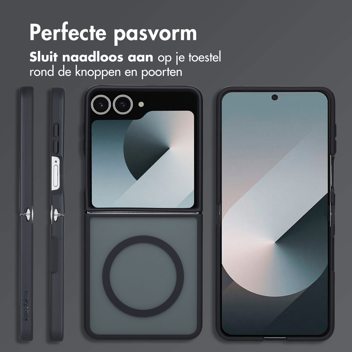Drie zwarte telefoonhoesjes met tekst: Perfecte pasvorm.