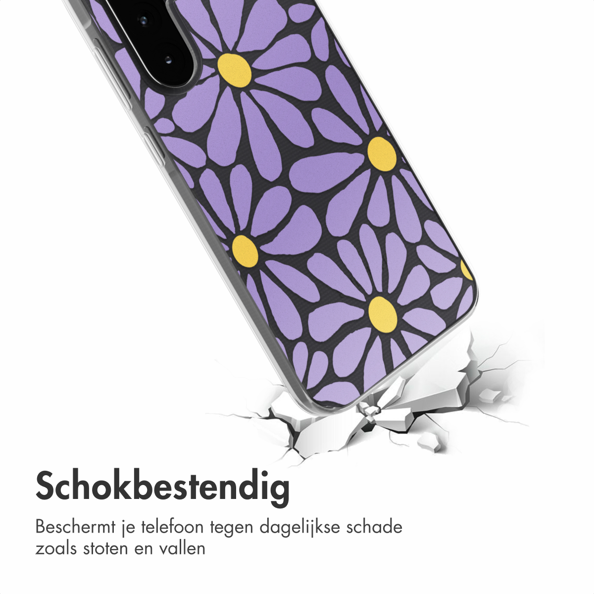 Telefoonhoesje met paars bloemmotief op een gebarsten oppervlak. Tekst: 'Schokbestendig'.