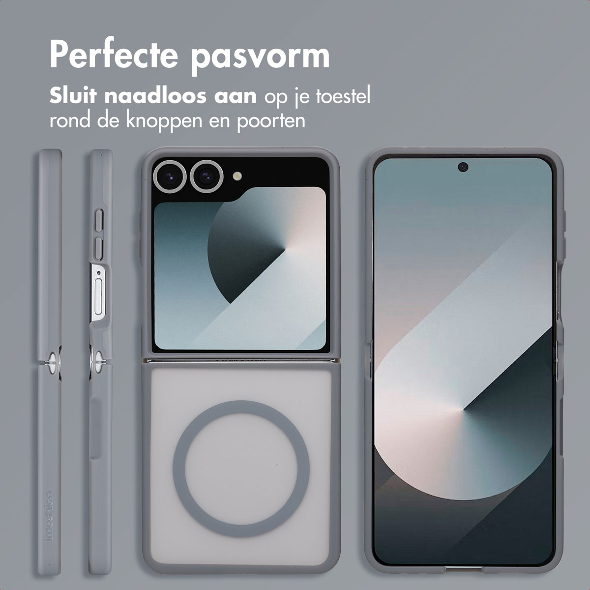 Telefoonhoesjes set, grijs, open en gesloten weergaven. Tekst: 'Perfecte pasvorm'.
