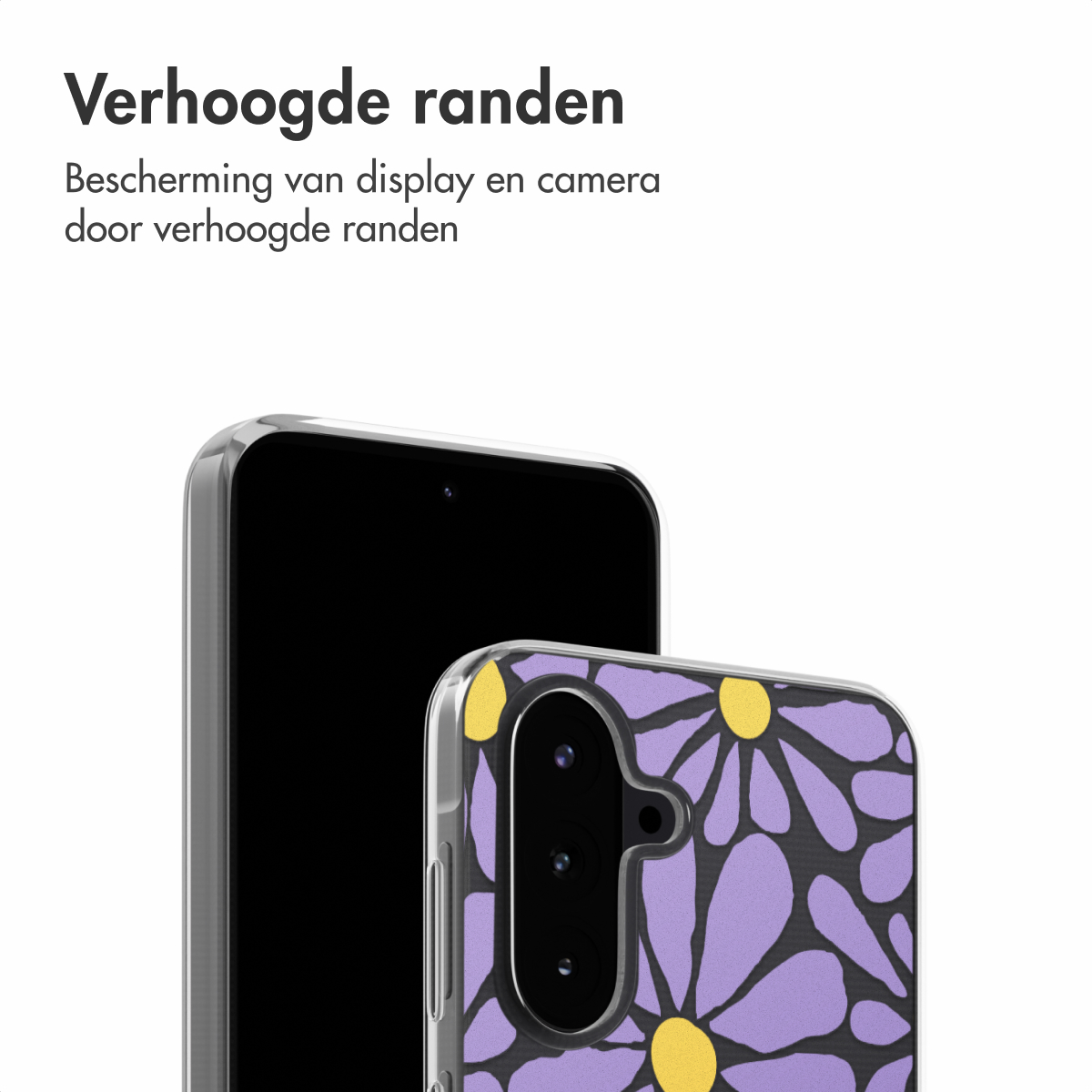 Telefoonhoes met telefoon, met verhoogde randen. Tekst: 'Verhoogde randen'.