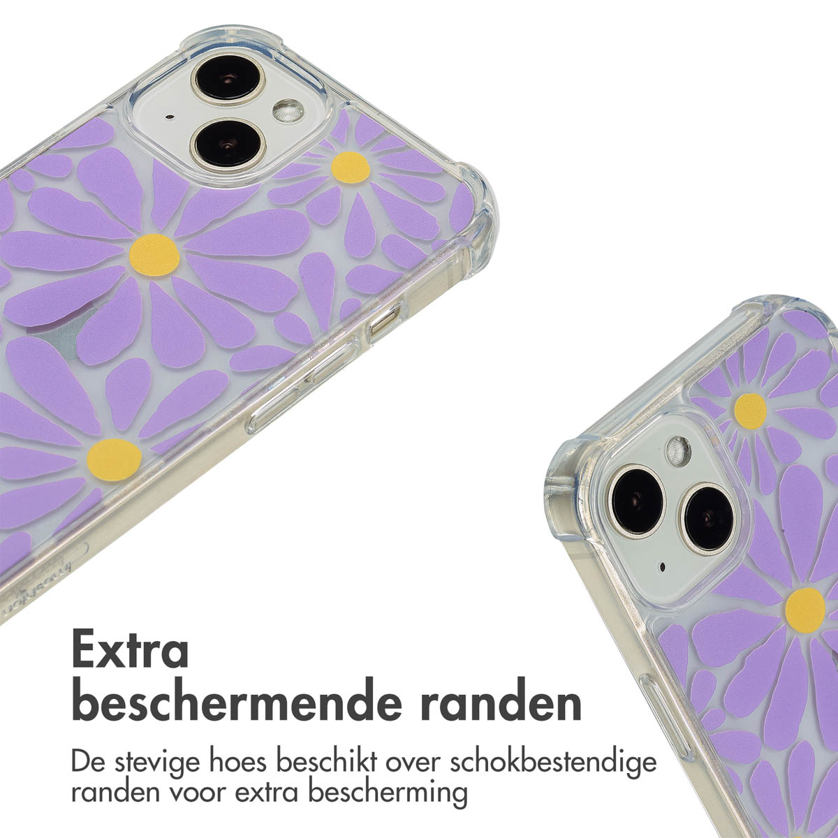 Deux étuis de téléphone avec un motif de marguerite, montrant le design et les bords protecteurs.