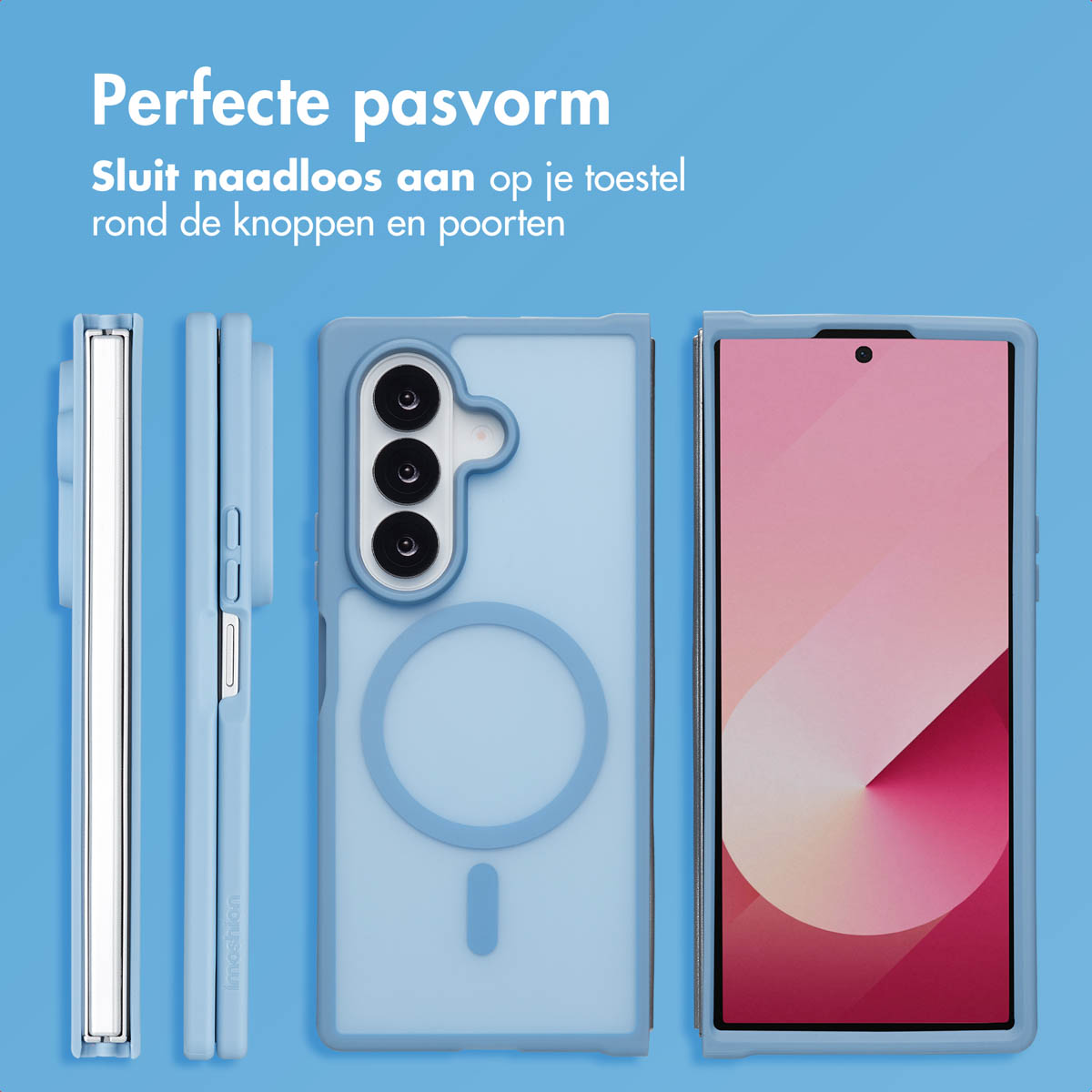 Telefoonhoesjes set, blauw, open en gesloten weergaven. Tekst: 'Perfecte pasvorm'.