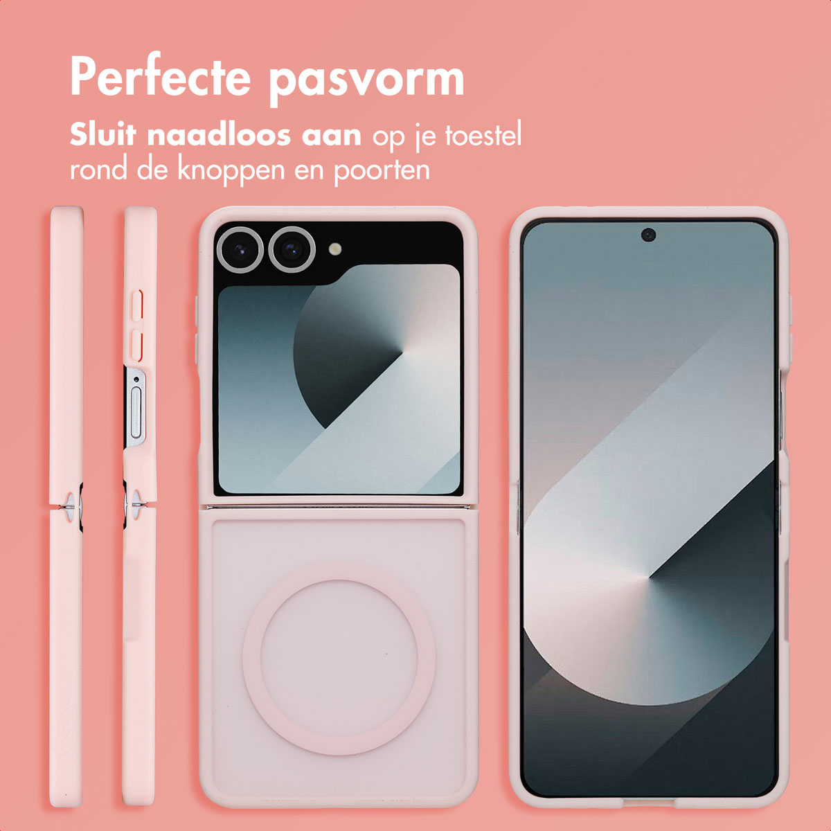 Telefoonhoesjes set, roze, open en gesloten weergaven. Tekst: 'Perfecte pasvorm'.