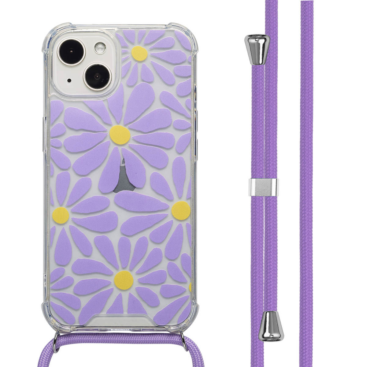 Coque avec motif de fleurs violettes et cordon violet. Fond blanc.