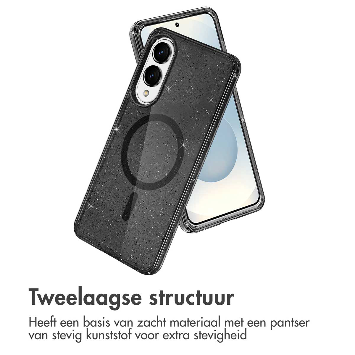 Een zwarte glitter telefoonhoes met een telefoon erin, met de camera en een transparante cirkel.