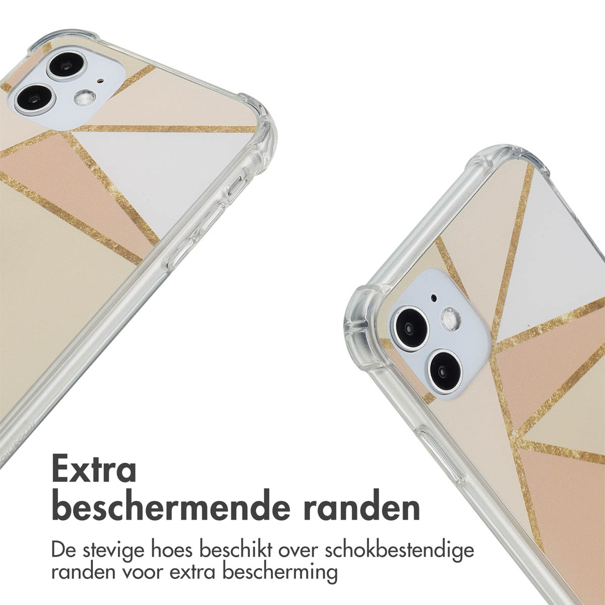 Deux coques de téléphone avec design géométrique. Texte : Bords de protection supplémentaires.