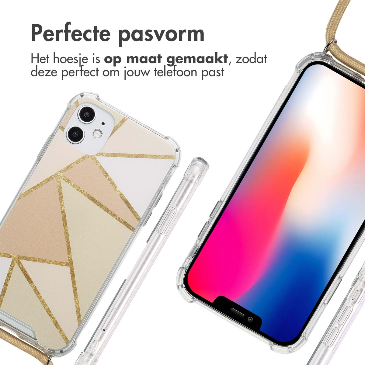 Deux coques, une avec une lanière, design géométrique. Texte : Ajustement parfait.