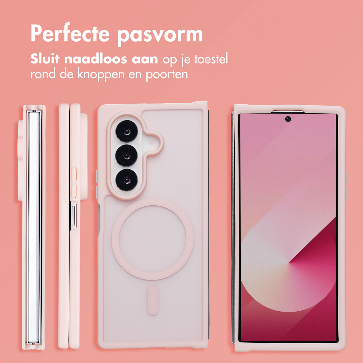 Roze telefoonhoes met MagSafe. Tekst: Perfecte pasvorm.