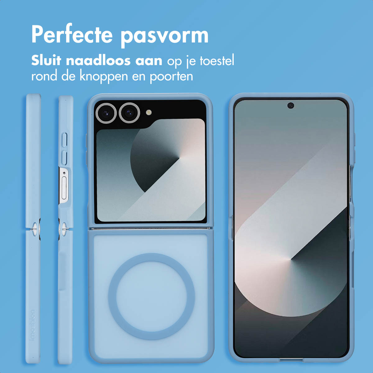 Coque de téléphone bleue avec MagSafe. Texte : Ajustement parfait.