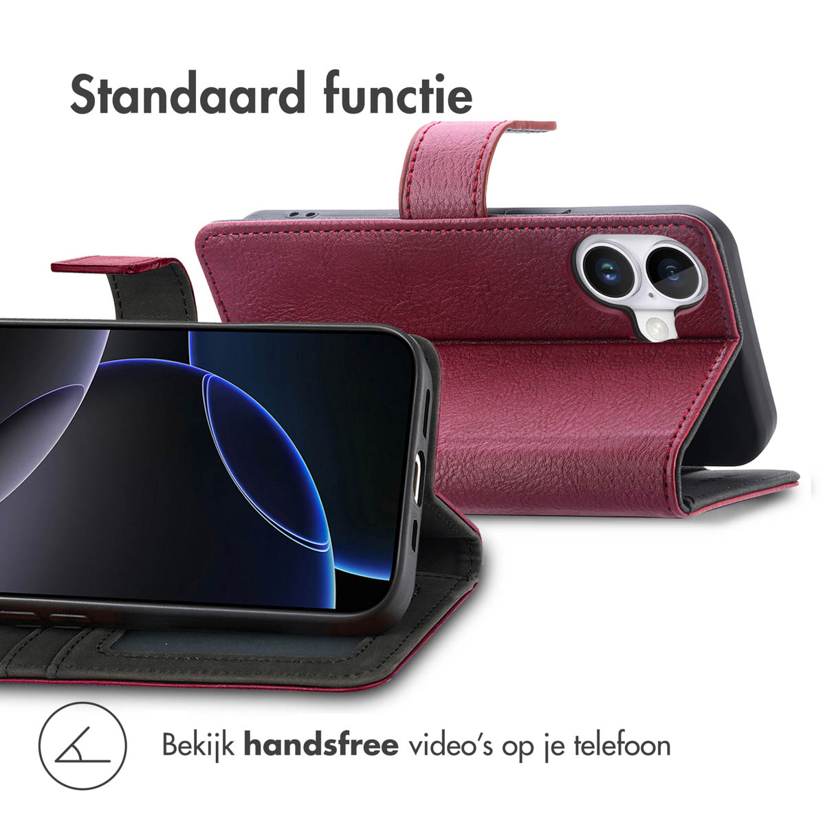 Rode telefoonhoes met telefoon, open. Tekst: Standaard functie.