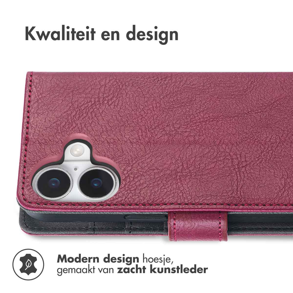 Bordeaux telefoonhoesje met camera-uitsparing. De tekst luidt 'Kwaliteit en design'.