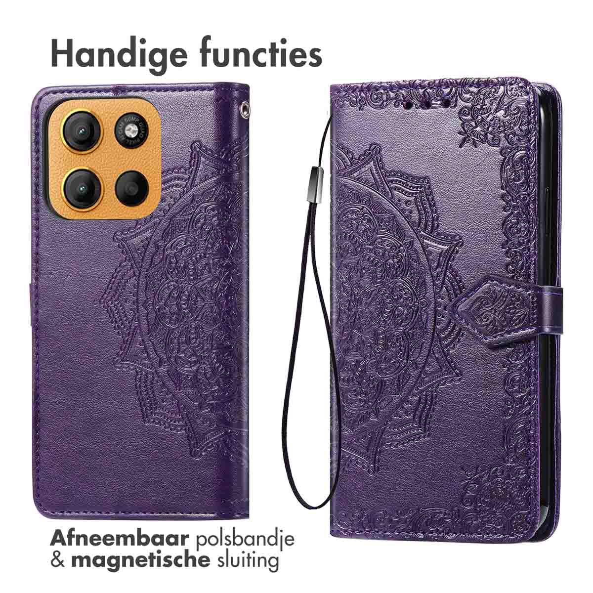Custodia viola per telefono con design mandala. Con cinturino da polso staccabile e chiusura magnetica.