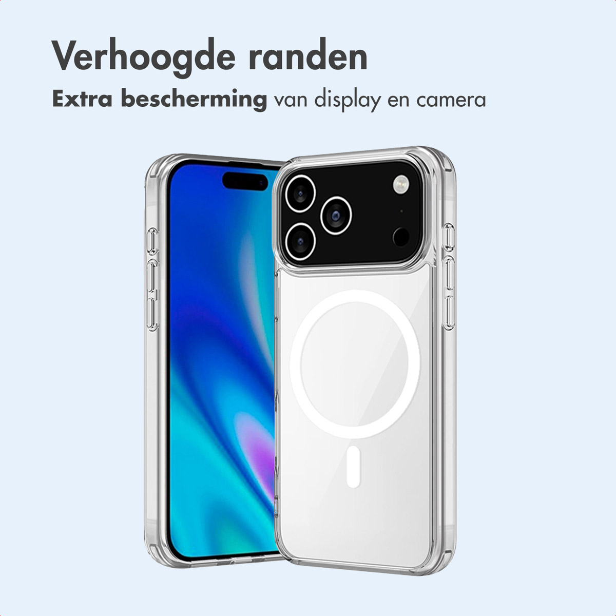 Transparante telefoonhoes met verhoogde randen. Tekst: Verhoogde randen.
