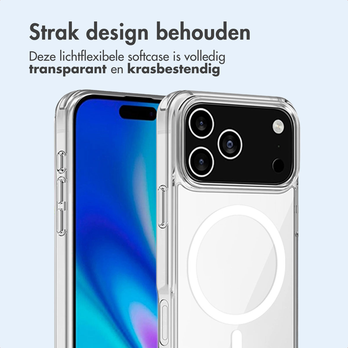 Transparante telefoonhoes met telefoon erin. De hoes is transparant, lichte blauwe achtergrond.