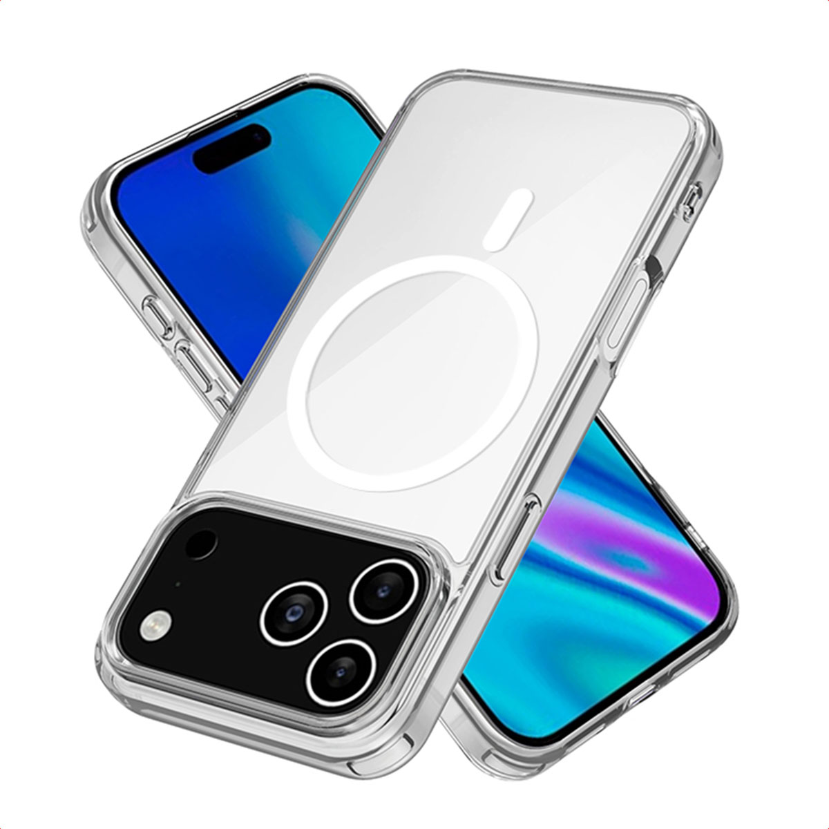 Drie doorzichtige telefoonhoesjes, elk met een andere telefoon. Ze liggen op een wit oppervlak.