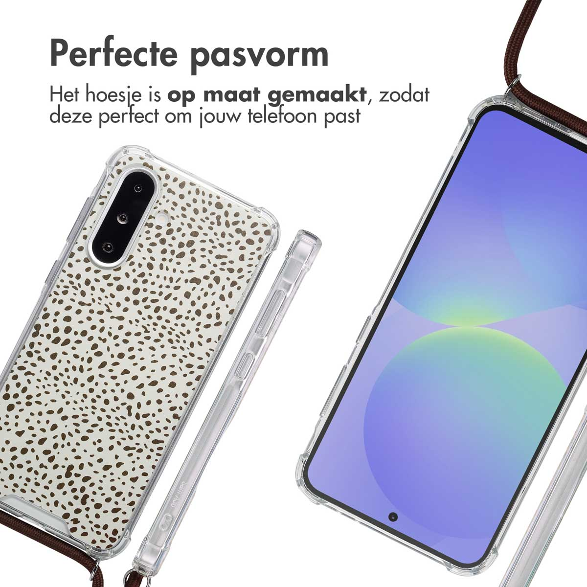 Telefoonhoes met riem, close-up. Tekst: Perfecte pasvorm.