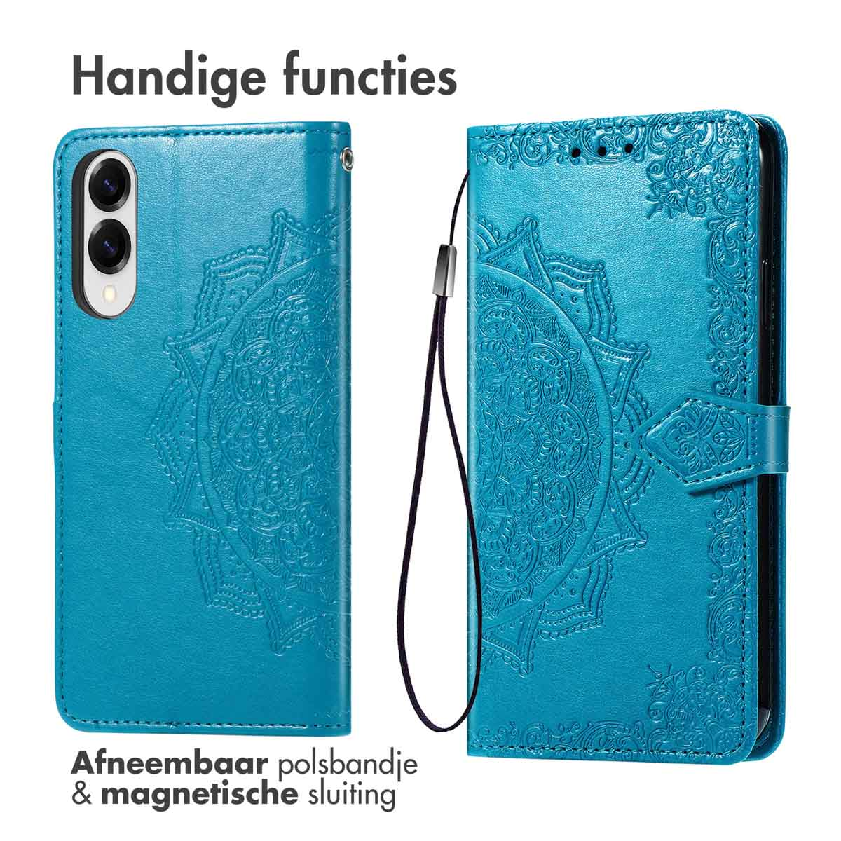 Een blauwe telefoonhoes met een mandala-ontwerp. Met afneembare polsband en magnetische sluiting.