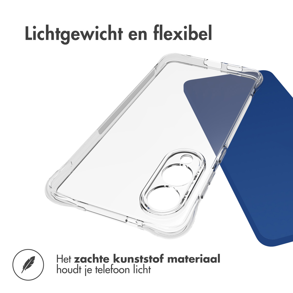 Coque de téléphone transparente et téléphone bleu. Texte : Léger et flexible.