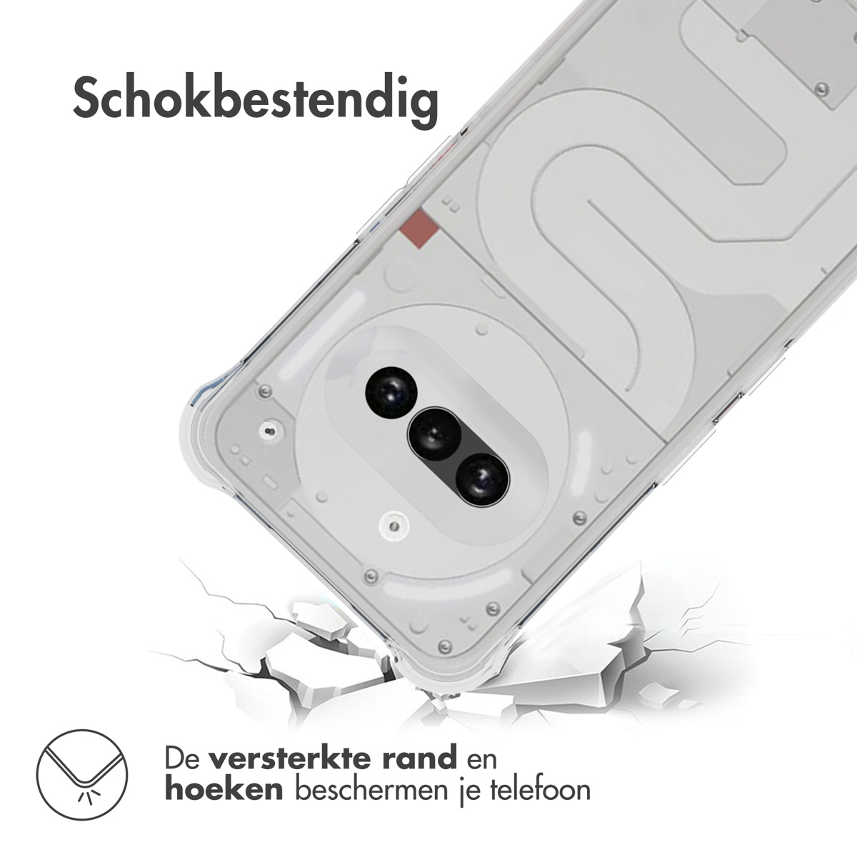 Un telefono con una custodia trasparente sta cadendo e rompe una superficie. Il telefono ha una tripla fotocamera e un retro bianco.