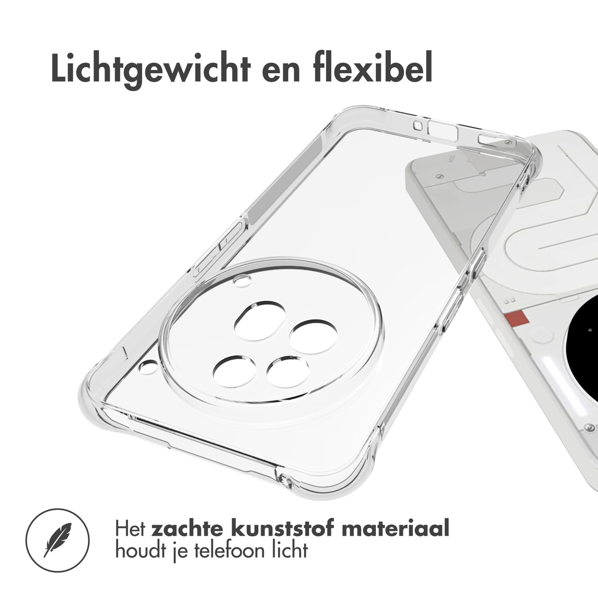 Transparante telefoonhoes, licht en flexibel, met een telefoon op de achtergrond. De hoes heeft vier cirkelvormige uitsparingen.