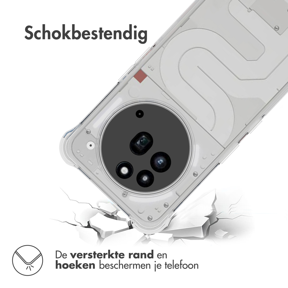 Een telefoon met een doorzichtig hoesje valt en breekt een oppervlak. De telefoon heeft een drievoudige camera en een witte achterkant.