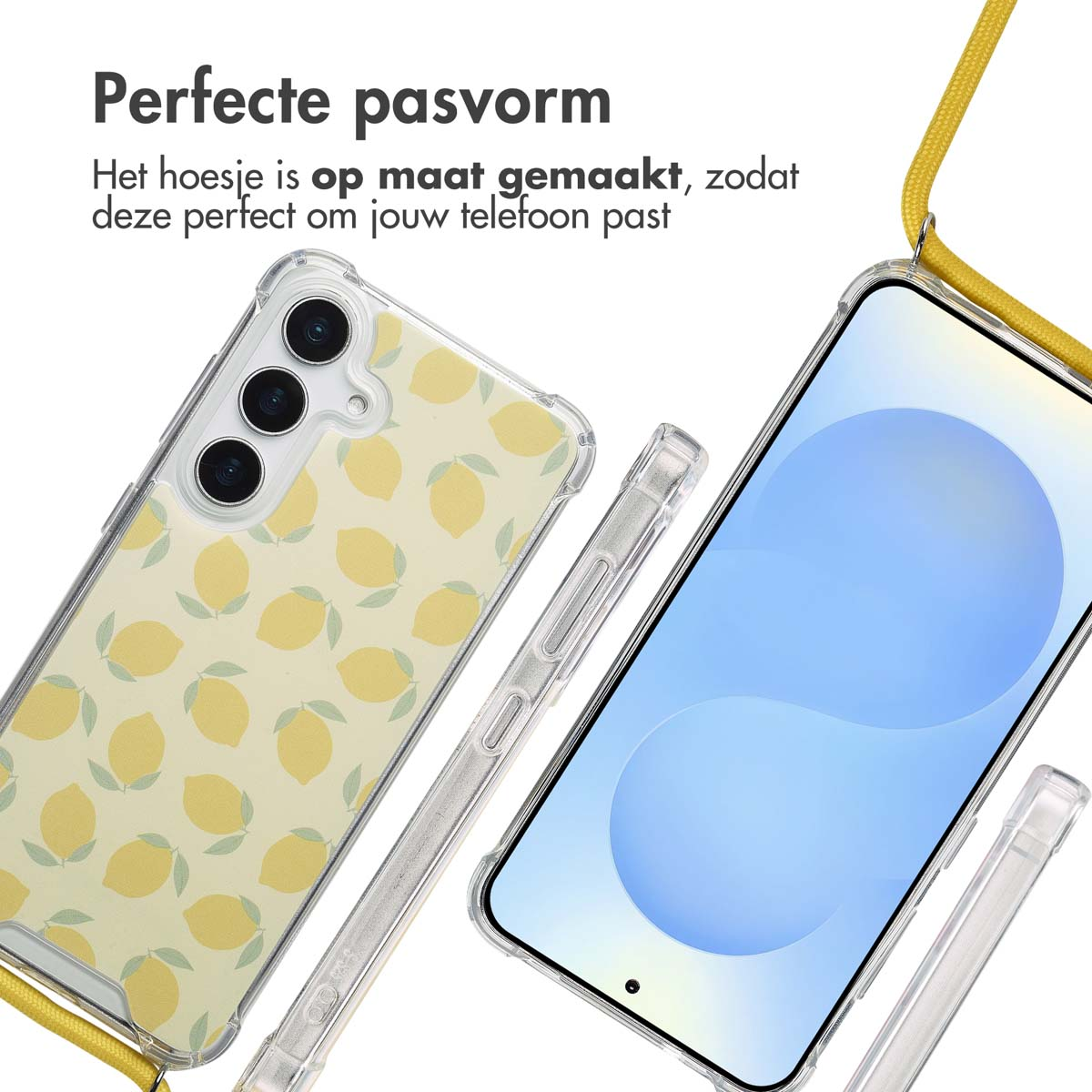 Twee telefoons met doorzichtige hoesjes worden getoond, een met een hoesje met citroenpatroon. Er is een gele lanyard bevestigd.